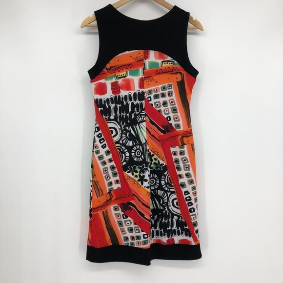 Libra Bright Orange and black abstract geometric print sleeveless midi dress Med - Picture 2 of 14
